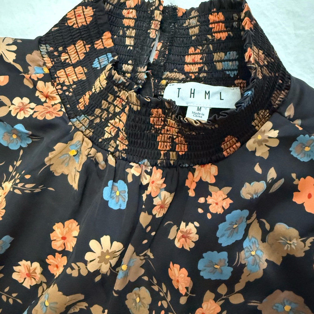 THML Black Midi Dress with Coral, Blue & Brown Floral Print - Picture 2 of 9